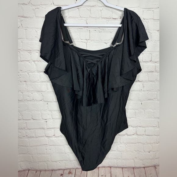 DACI One Piece Swimsuit black Tummy Control ruffle sleeves adj straps sz 22W NWT - Picture 1 of 5